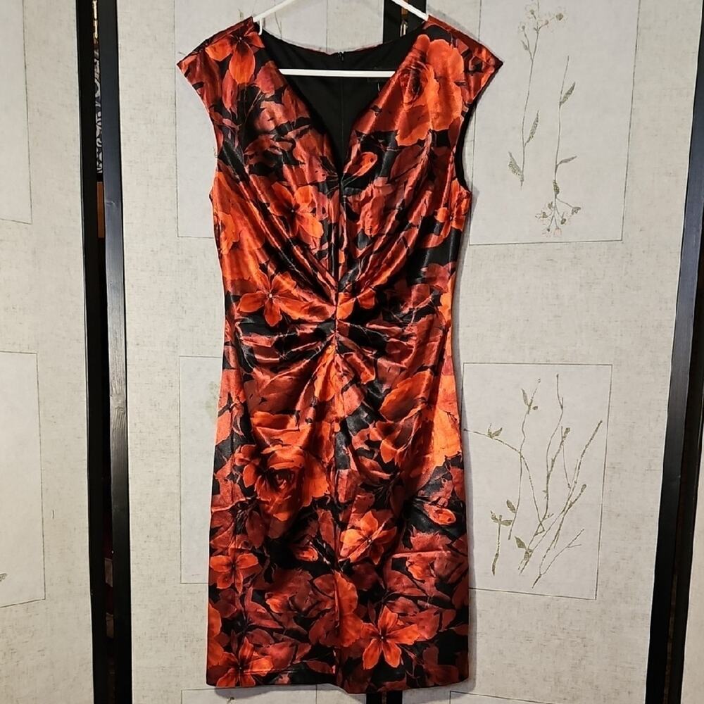 Dressbarn Red and Black Sheath Midi Dress V-Neck Cap Sleeves